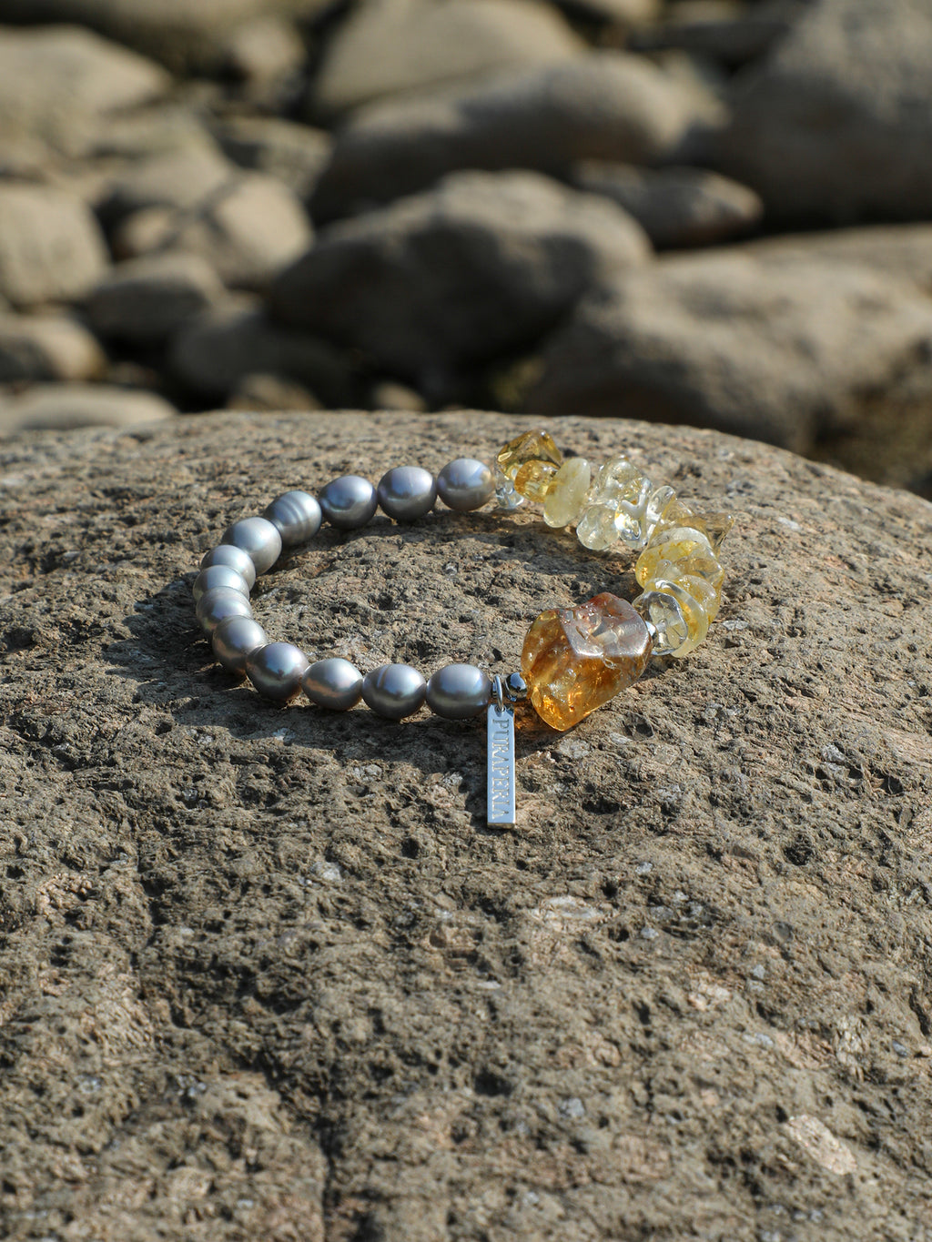 Brazilian Citrine & Grey Pearl Bracelet — freshwater grey seed pearls, citrine chips, Brazilia... | SENLORE