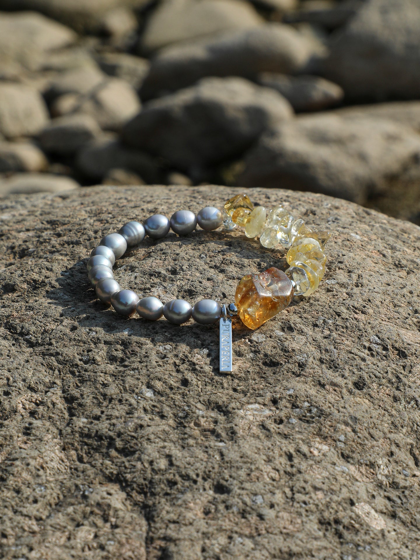 Brazilian Citrine & Grey Pearl Bracelet — freshwater grey seed pearls, citrine chips, Brazilia... | SENLORE
