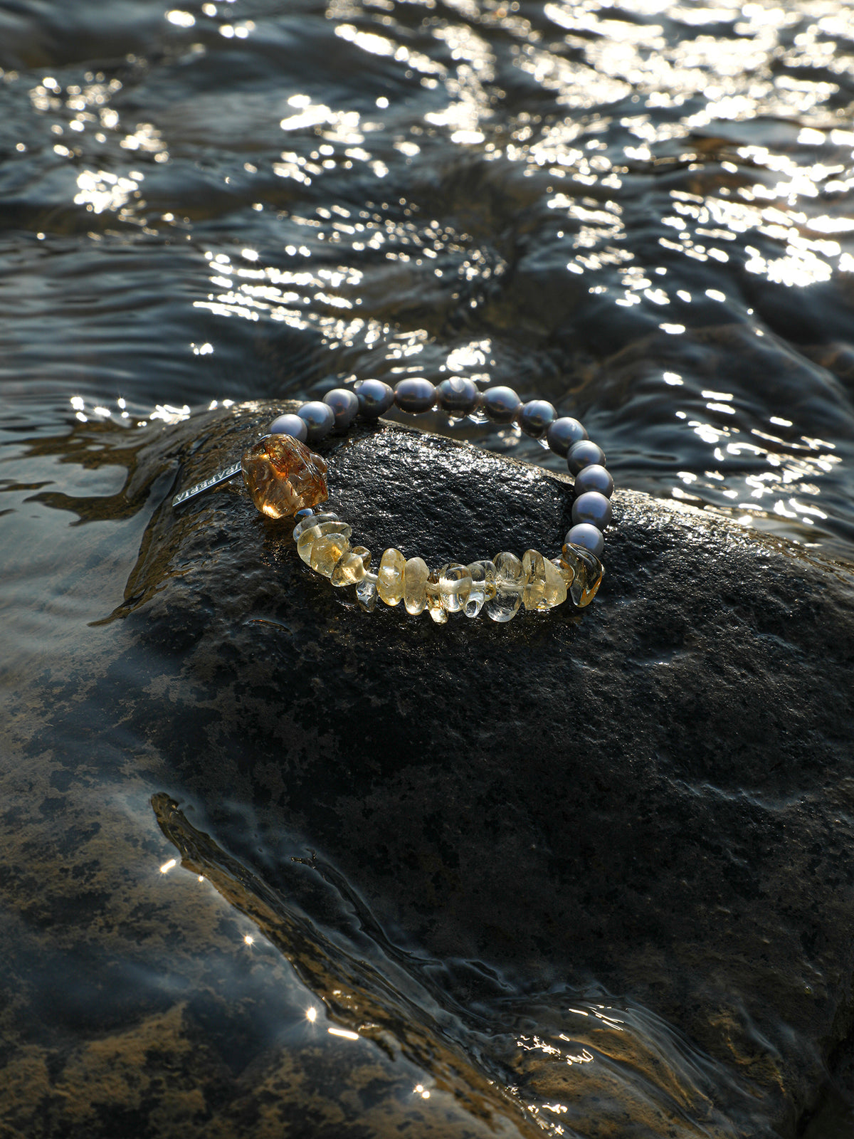 Brazilian Citrine & Grey Pearl Bracelet — freshwater grey seed pearls, citrine chips, Brazilia... | SENLORE