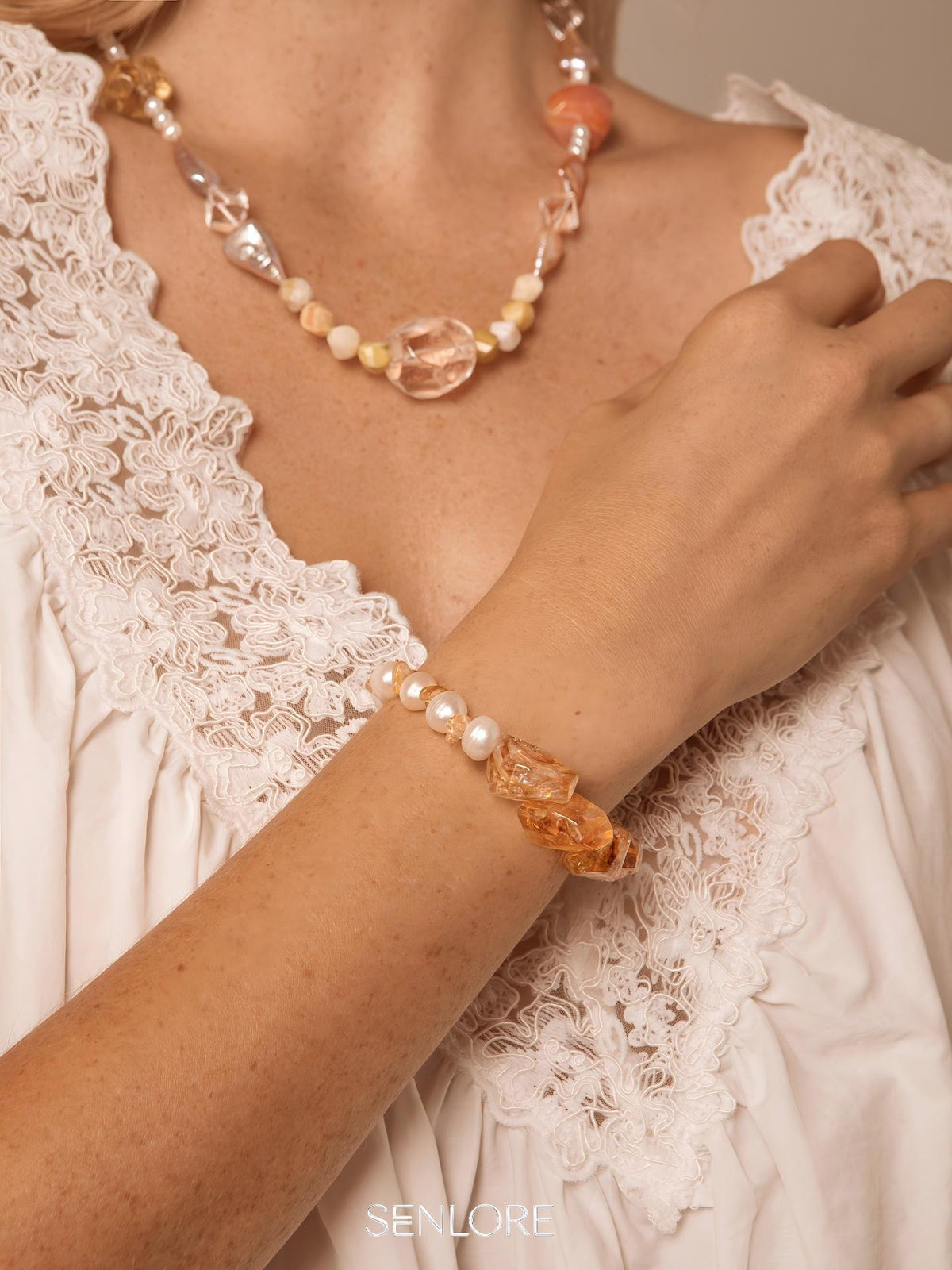 Citrine Pearl Bracelet — freshwater pearl & freeform Brazilian citrine & S925 Sterling Silver | SENLORE