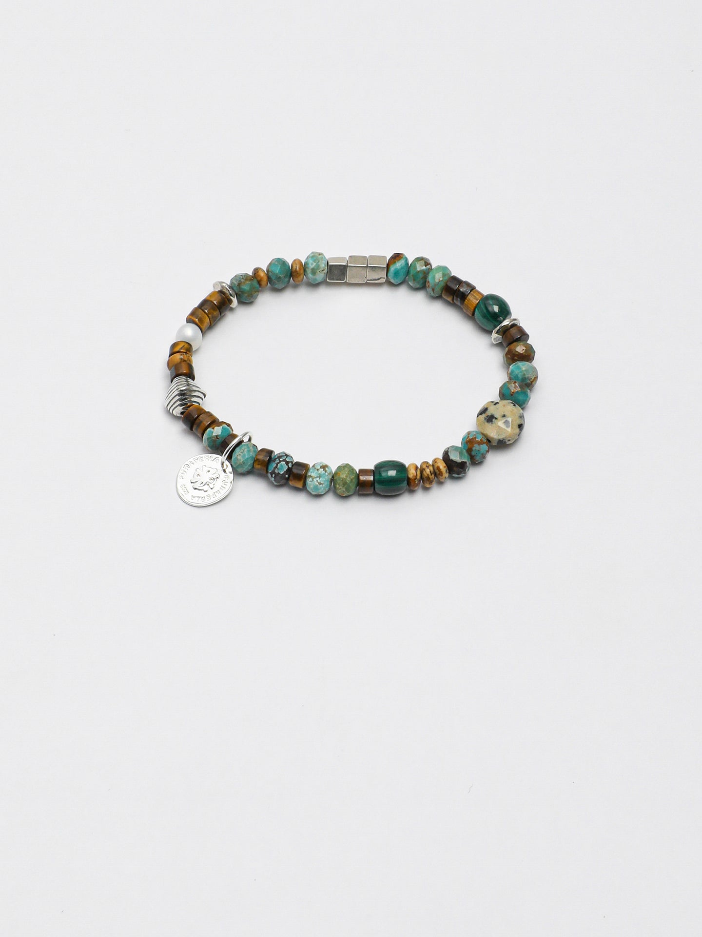 Turquoise & Tiger's Eye Stone Realm Bracelet — turquoise, tiger's eye straight-cut, wood grain ston... | SENLORE