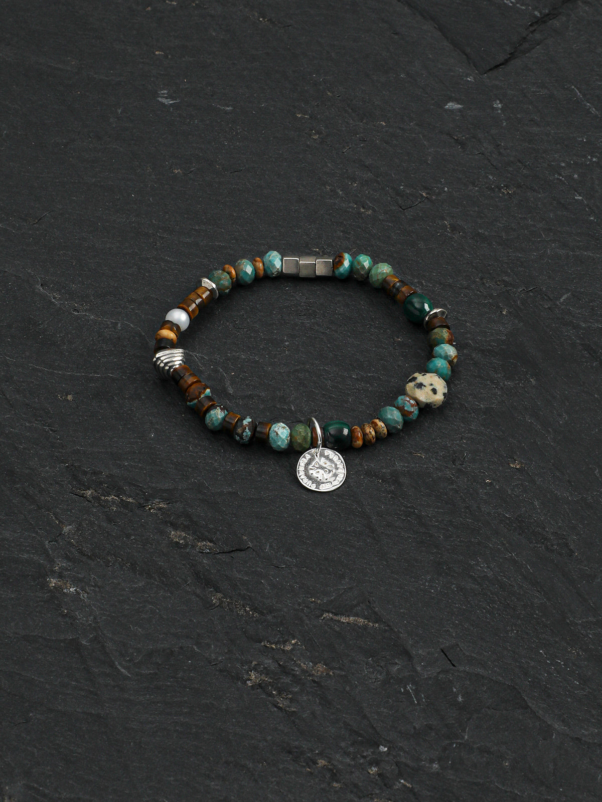 Turquoise & Tiger's Eye Stone Realm Bracelet — turquoise, tiger's eye straight-cut, wood grain ston... | SENLORE
