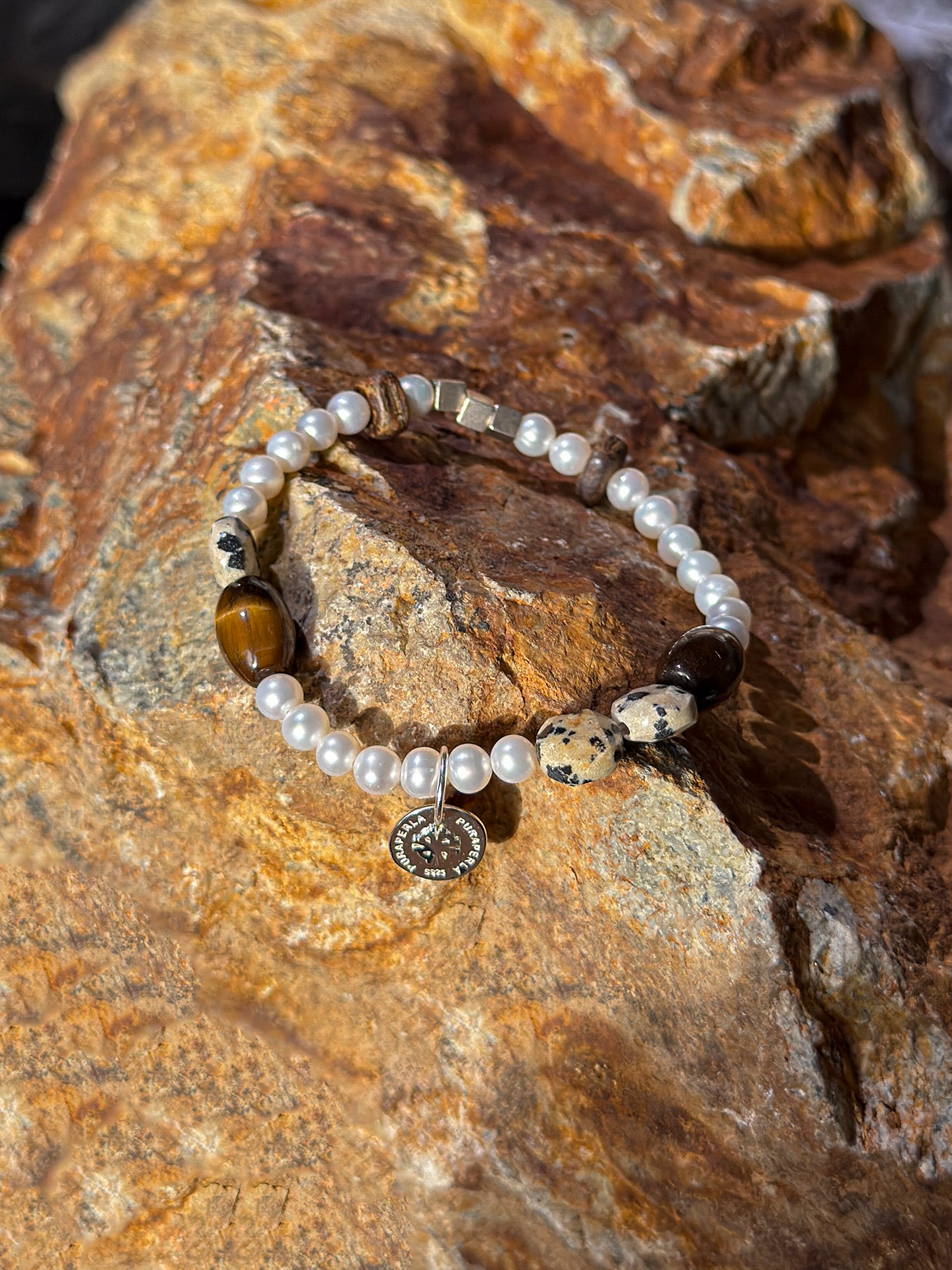 Tiger's Eye Spotted Stone Bracelet — yellow tiger's eye seed bead & spotted disc stone & S925 Sterling Silver | SENLORE