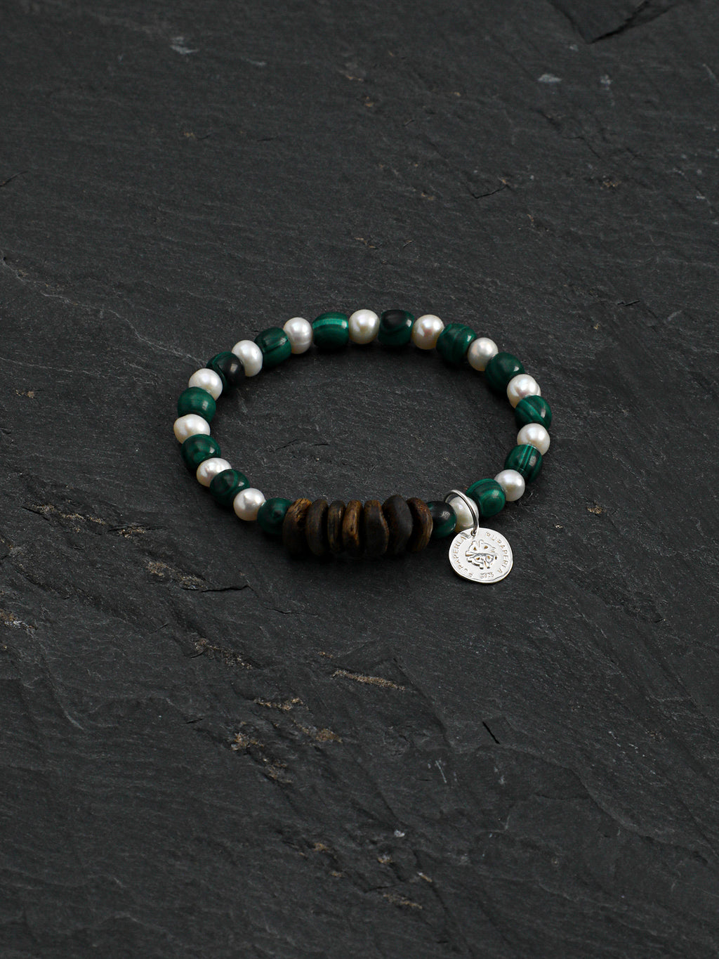 Malachite & Aloeswood Pearl Bracelet — premium aloeswood chips, malachite disc beads, short... | SENLORE