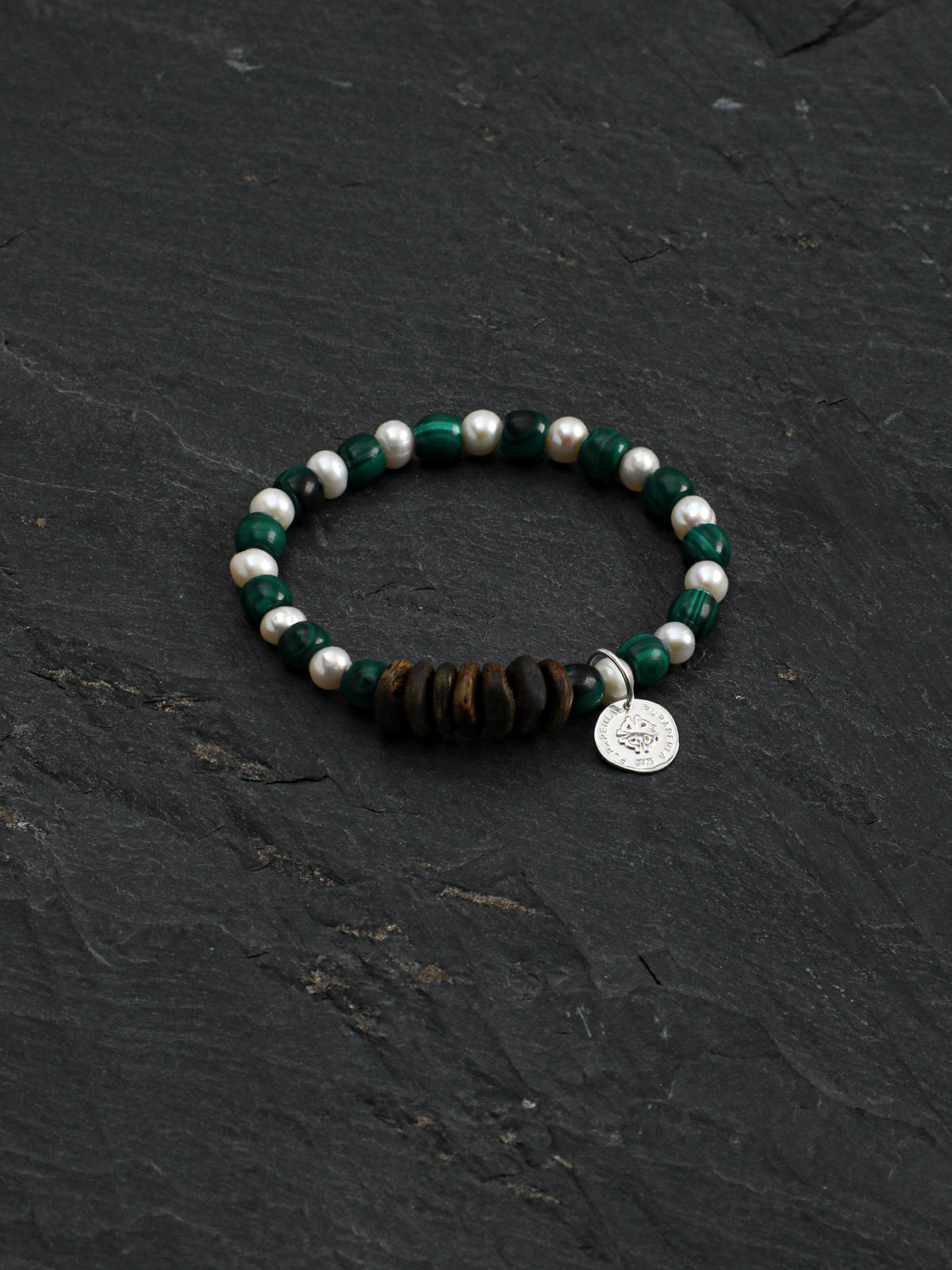 Malachite & Aloeswood Pearl Bracelet — premium aloeswood chips, malachite disc beads, short... | SENLORE