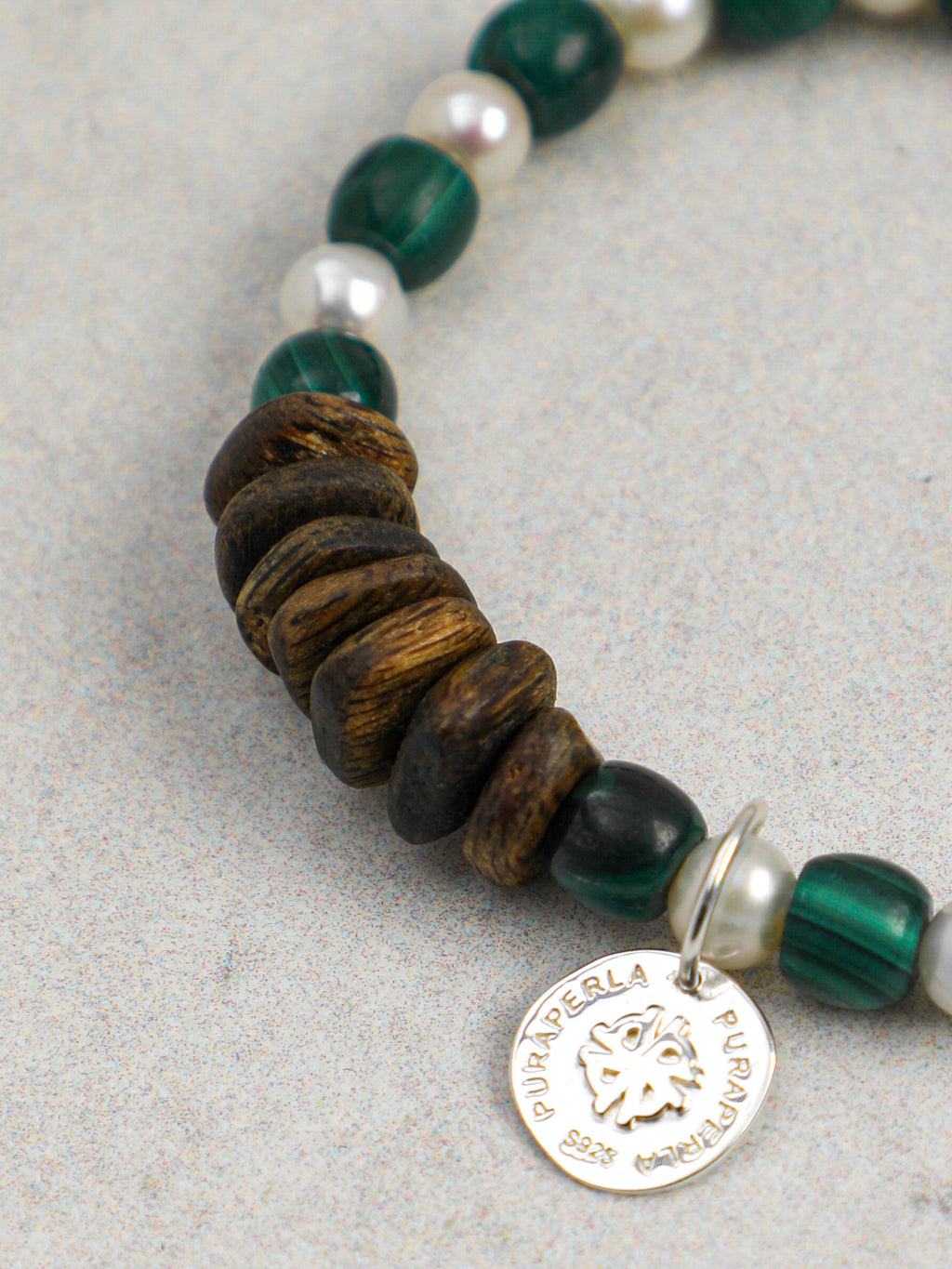 Malachite & Aloeswood Pearl Bracelet — premium aloeswood chips, malachite disc beads, short... | SENLORE