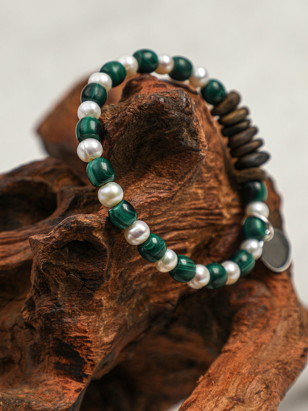 Malachite & Aloeswood Pearl Bracelet — premium aloeswood chips, malachite disc beads, short... | SENLORE