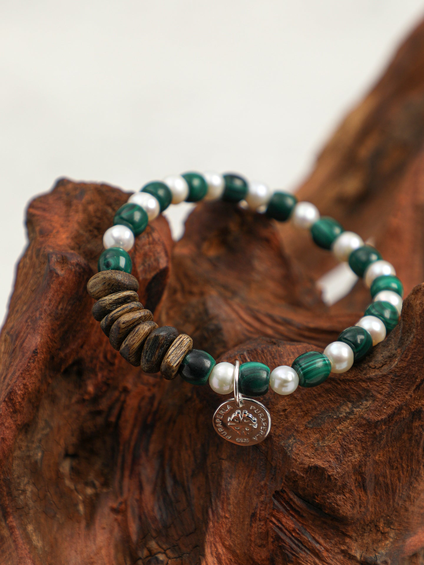 Malachite & Aloeswood Pearl Bracelet — premium aloeswood chips, malachite disc beads, short... | SENLORE