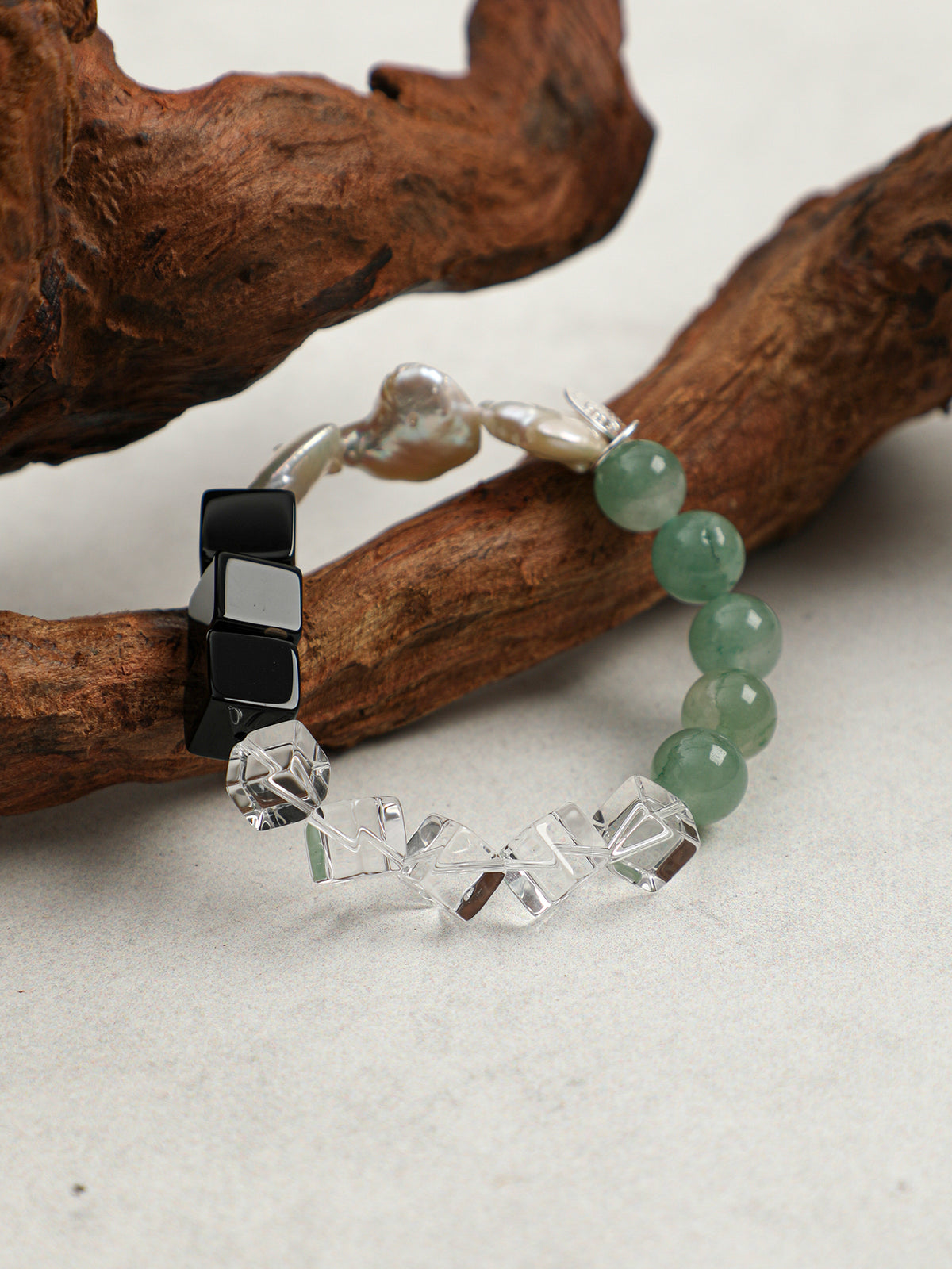 Sugar Cube Crystal & Baroque Jade Bracelet — black agate large cubes, clear quartz large cubes, b... | SENLORE
