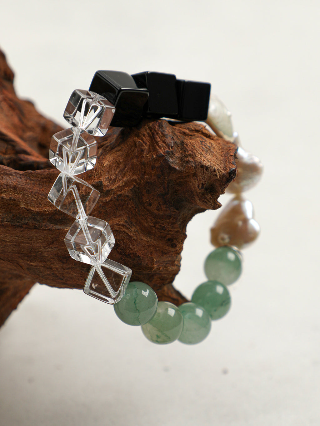 Sugar Cube Crystal & Baroque Jade Bracelet — black agate large cubes, clear quartz large cubes, b... | SENLORE