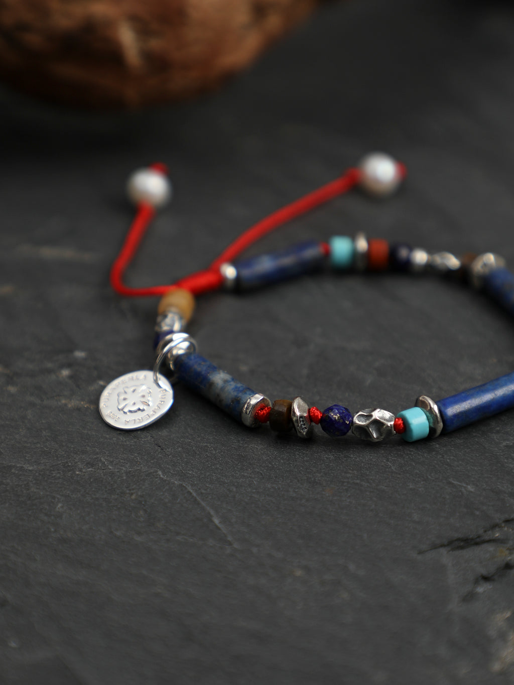 Lapis Lazuli Thai Silver Red Cord Bracelet — lapis lazuli straight tubes, lapis lazuli facet... | SENLORE