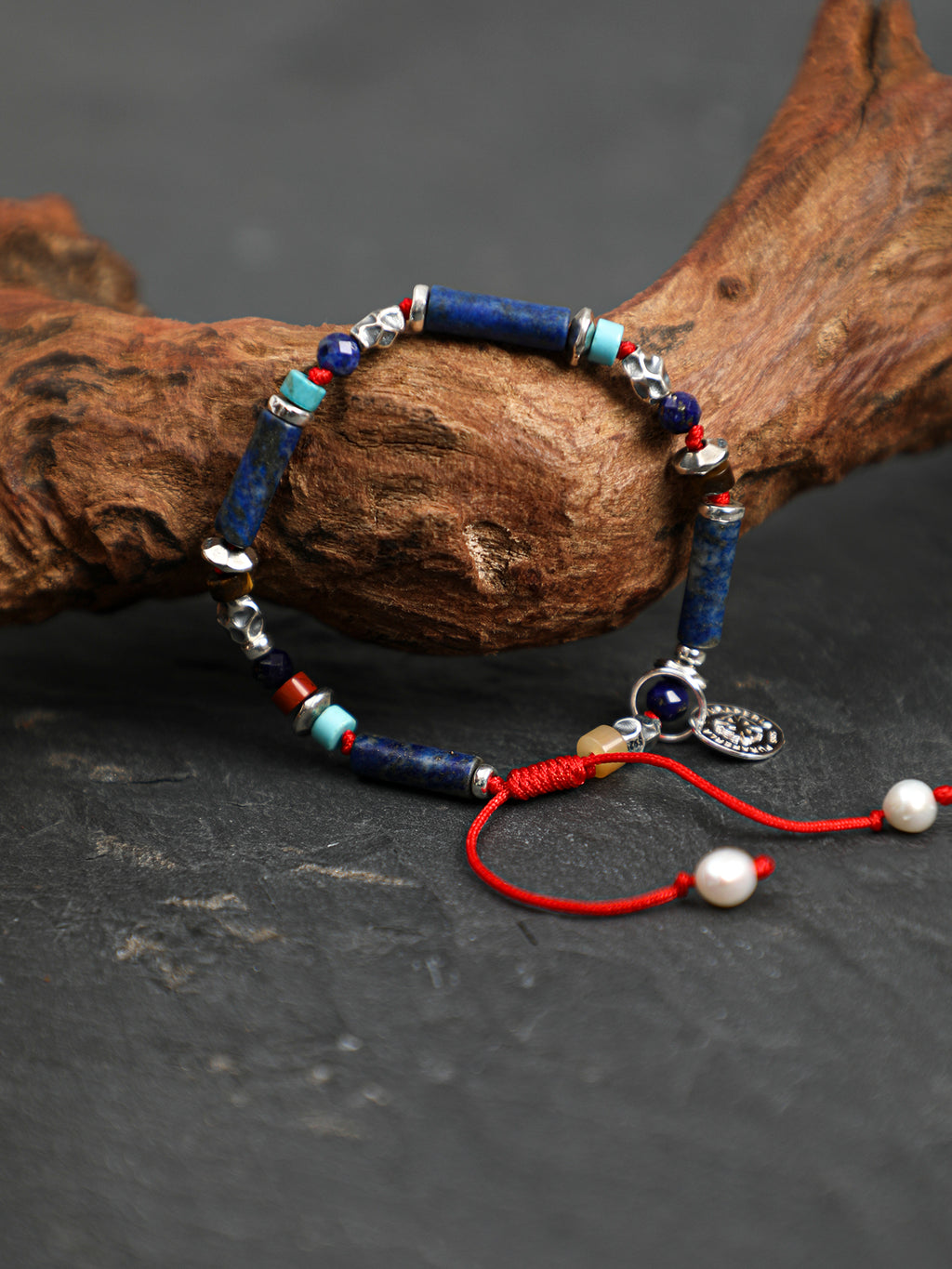 Lapis Lazuli Thai Silver Red Cord Bracelet — lapis lazuli straight tubes, lapis lazuli facet... | SENLORE