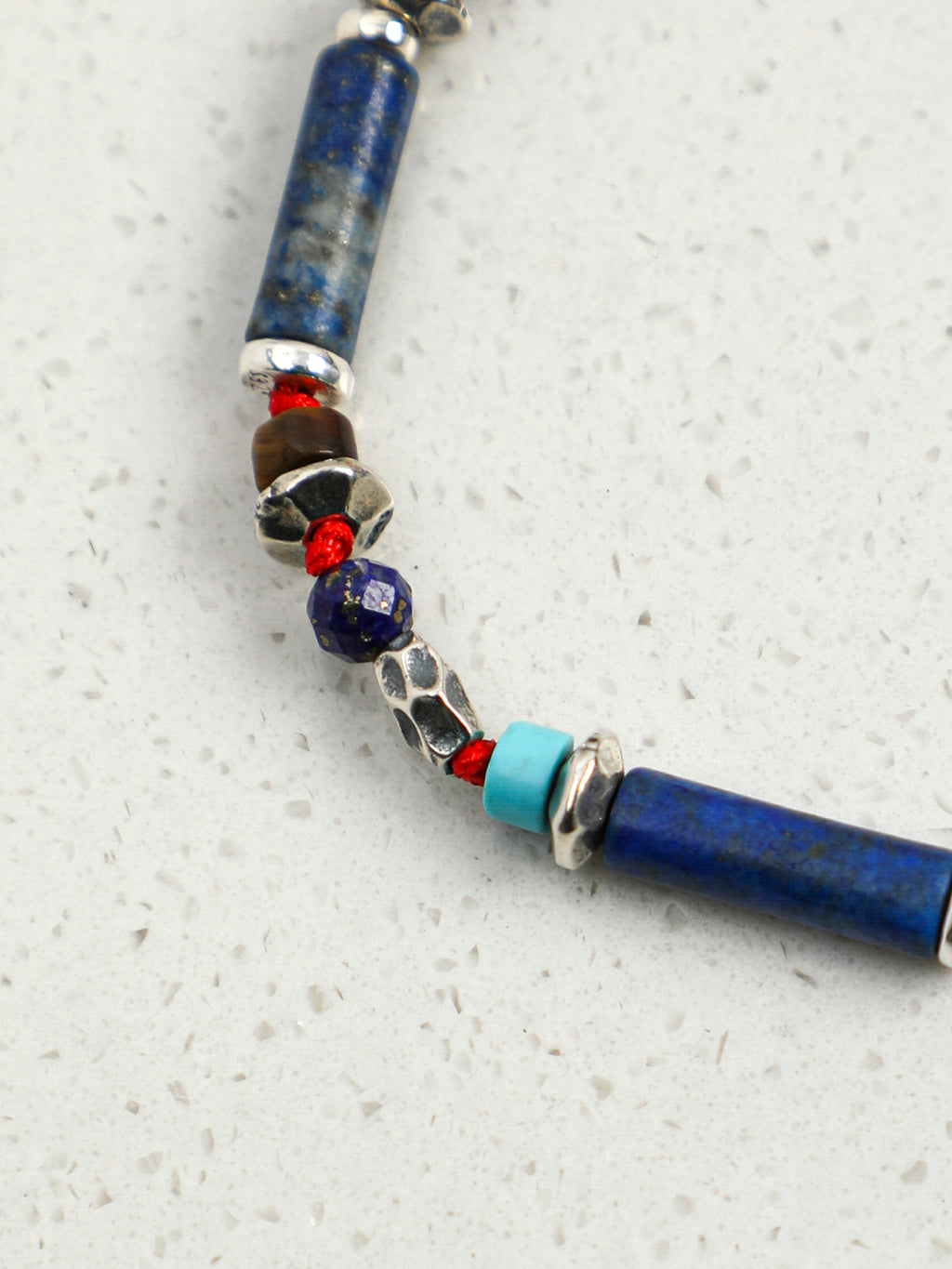 Lapis Lazuli Thai Silver Red Cord Bracelet — lapis lazuli straight tubes, lapis lazuli facet... | SENLORE