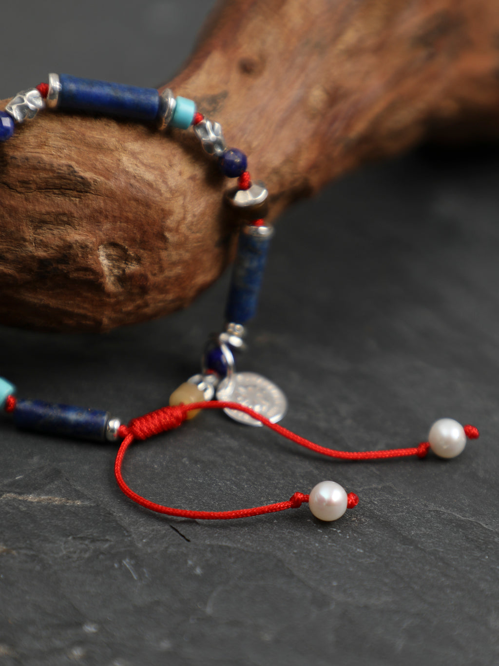 Lapis Lazuli Thai Silver Red Cord Bracelet — lapis lazuli straight tubes, lapis lazuli facet... | SENLORE