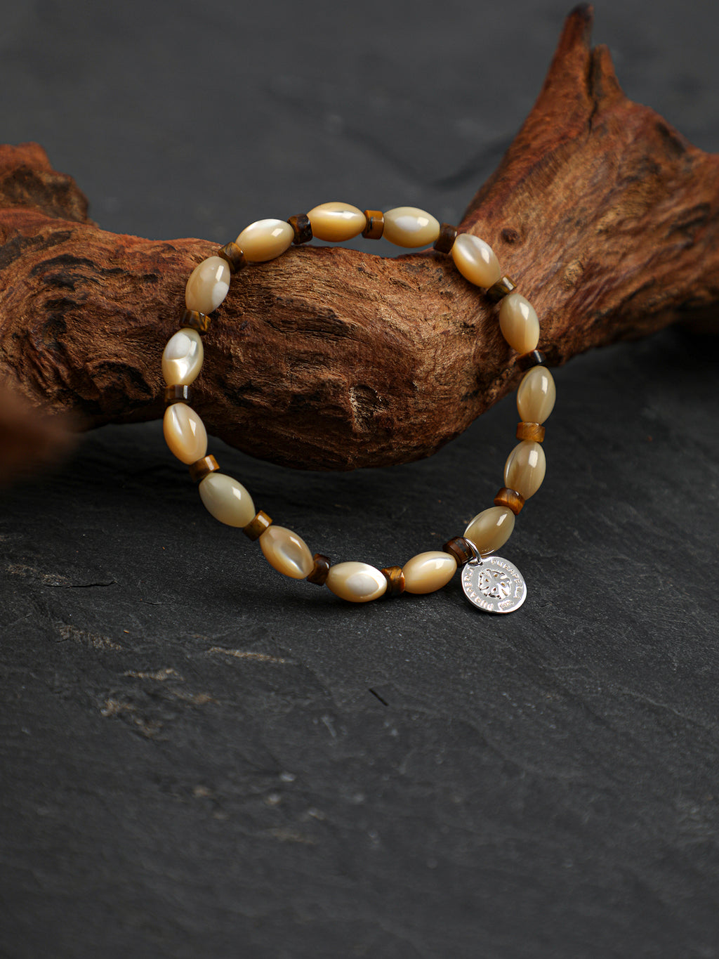 Turban Shell Tiger's Eye Bracelet — beige turban shell seed bead & yellow tiger's eye straight-cut & S925 Sterling Silver | SENLORE