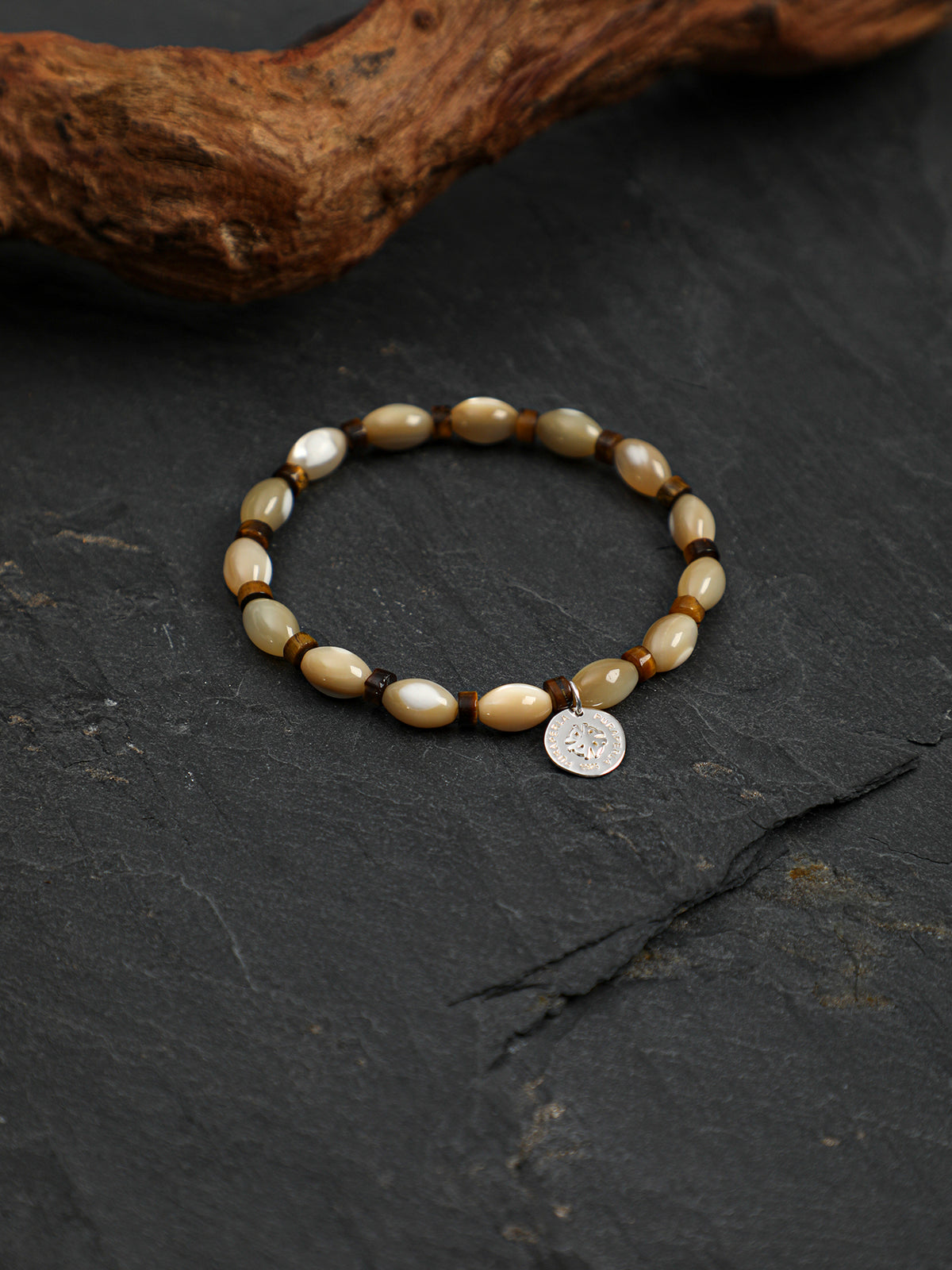 Turban Shell Tiger's Eye Bracelet — beige turban shell seed bead & yellow tiger's eye straight-cut & S925 Sterling Silver | SENLORE