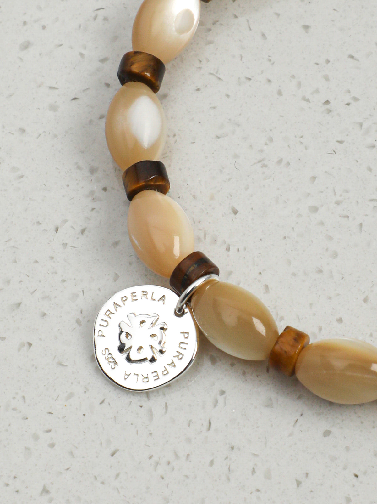 Turban Shell Tiger's Eye Bracelet — beige turban shell seed bead & yellow tiger's eye straight-cut & S925 Sterling Silver | SENLORE