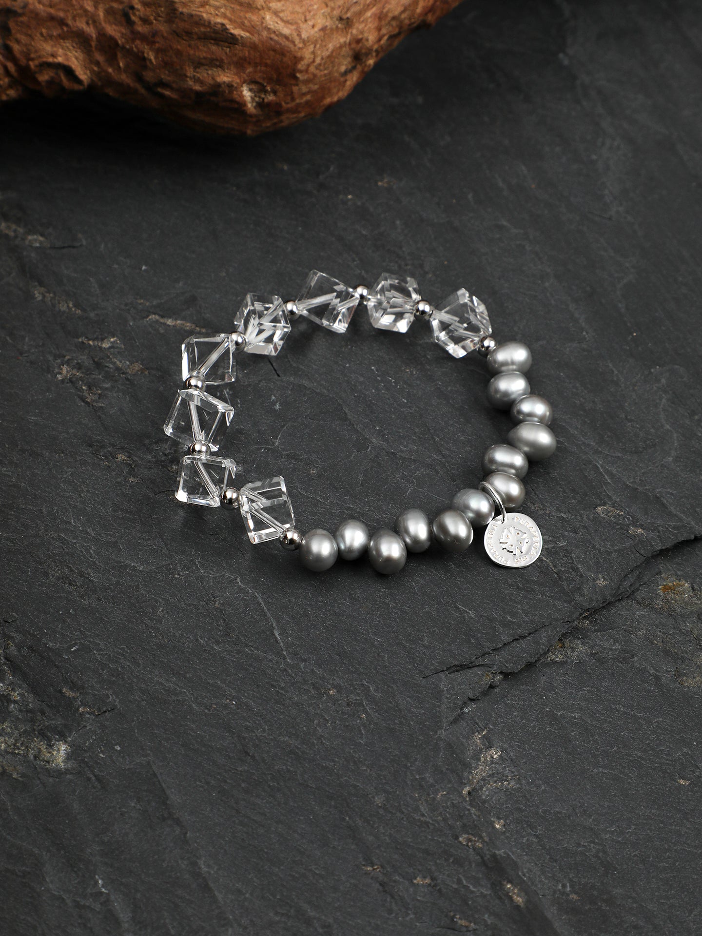 White Crystal Grey Pearl Bracelet — flawless white crystal & natural grey pearl & S925 Sterling Silver | SENLORE