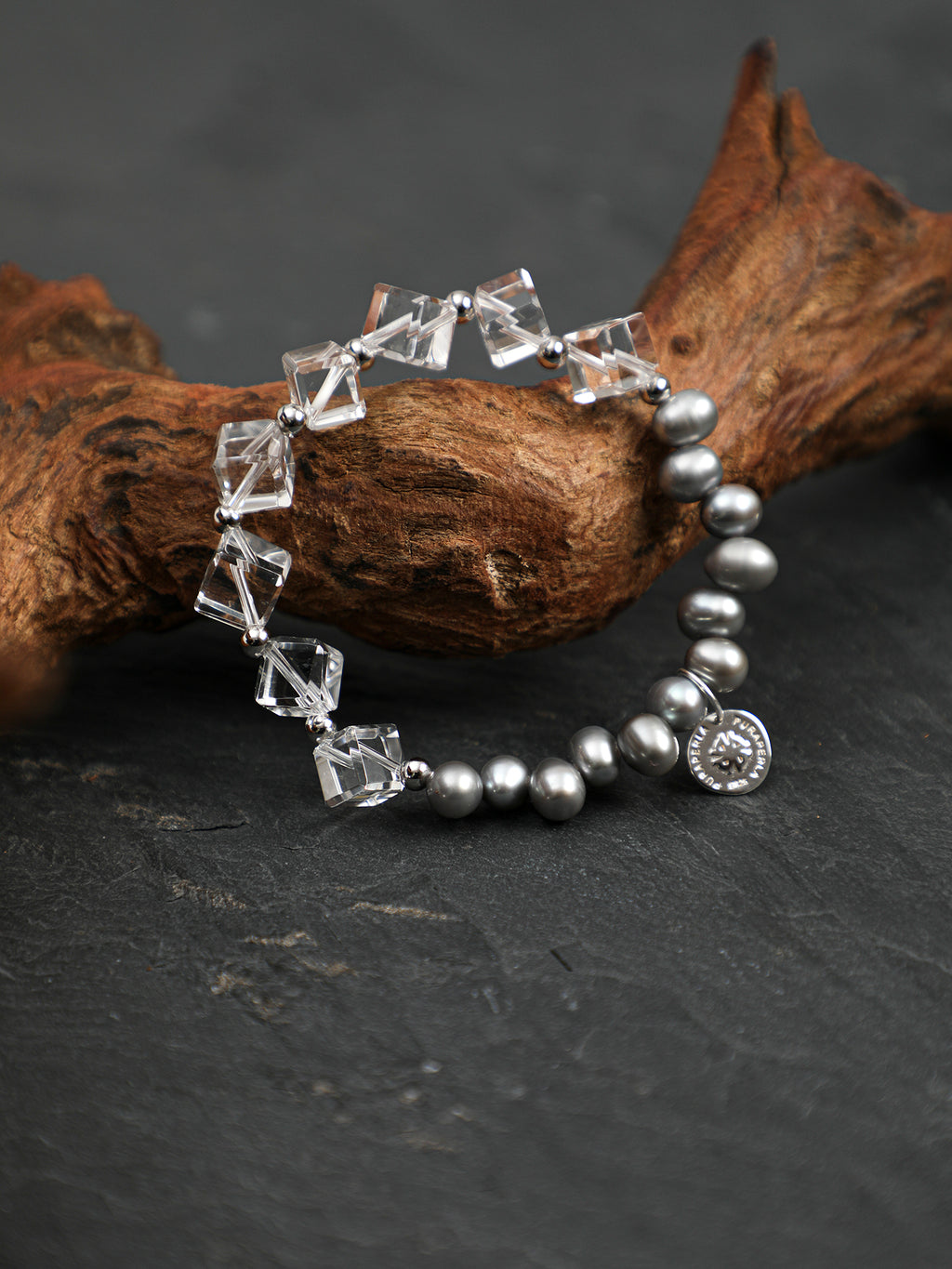 White Crystal Grey Pearl Bracelet — flawless white crystal & natural grey pearl & S925 Sterling Silver | SENLORE