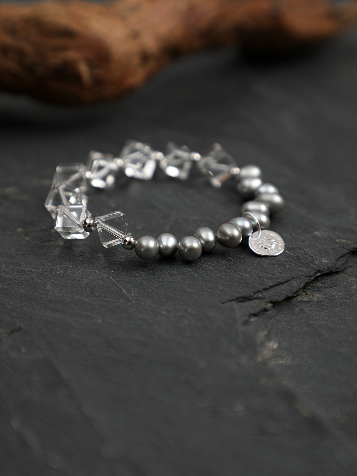 White Crystal Grey Pearl Bracelet — flawless white crystal & natural grey pearl & S925 Sterling Silver | SENLORE