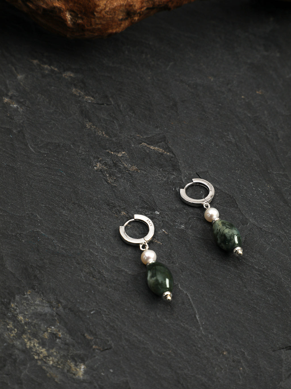Green Phantom Quartz Pearl Earrings — water-grass rice pearl, short rice seed pearls, small silver geometric glossy sequins | SENLORE