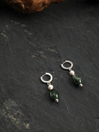 Green Phantom Quartz Pearl Earrings — water-grass rice pearl, short rice seed pearls, small silver geometric glossy sequins | SENLORE