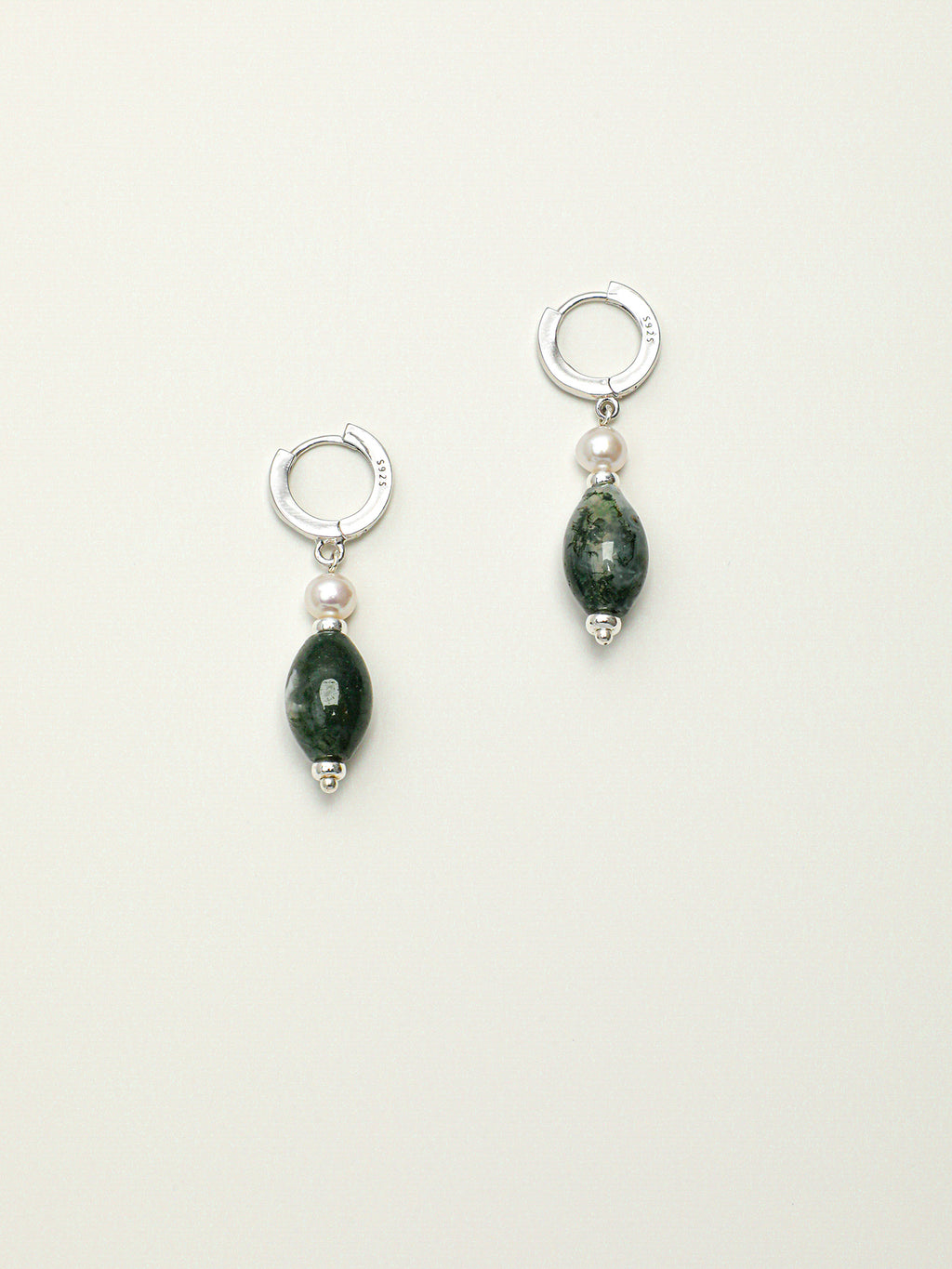 Green Phantom Quartz Pearl Earrings — water-grass rice pearl, short rice seed pearls, small silver geometric glossy sequins | SENLORE