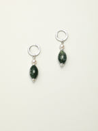 Green Phantom Quartz Pearl Earrings — water-grass rice pearl, short rice seed pearls, small silver geometric glossy sequins | SENLORE