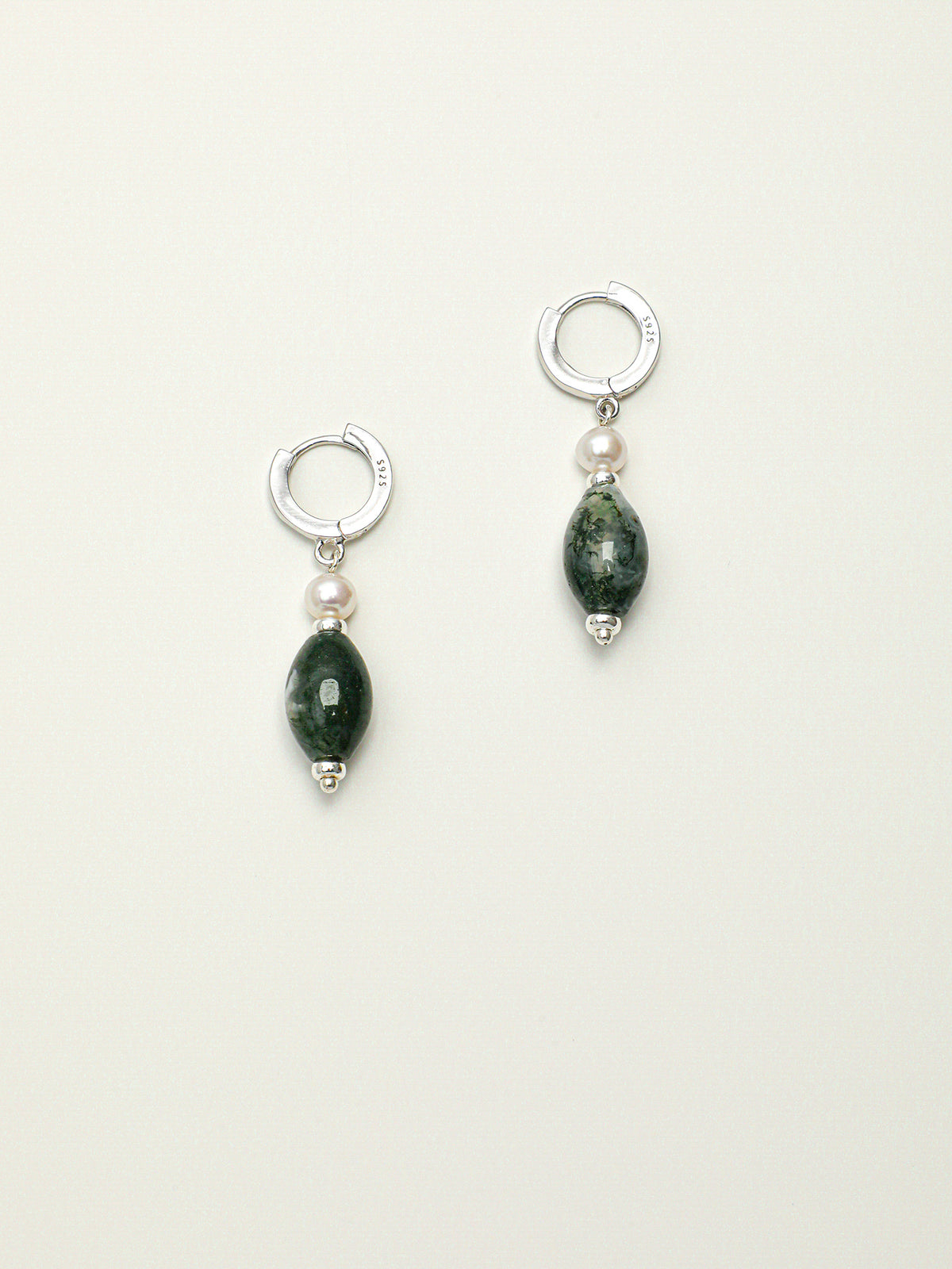 Green Phantom Quartz Pearl Earrings — water-grass rice pearl, short rice seed pearls, small silver geometric glossy sequins | SENLORE
