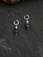 Green Phantom Quartz Pearl Earrings — water-grass rice pearl, short rice seed pearls, small silver geometric glossy sequins | SENLORE