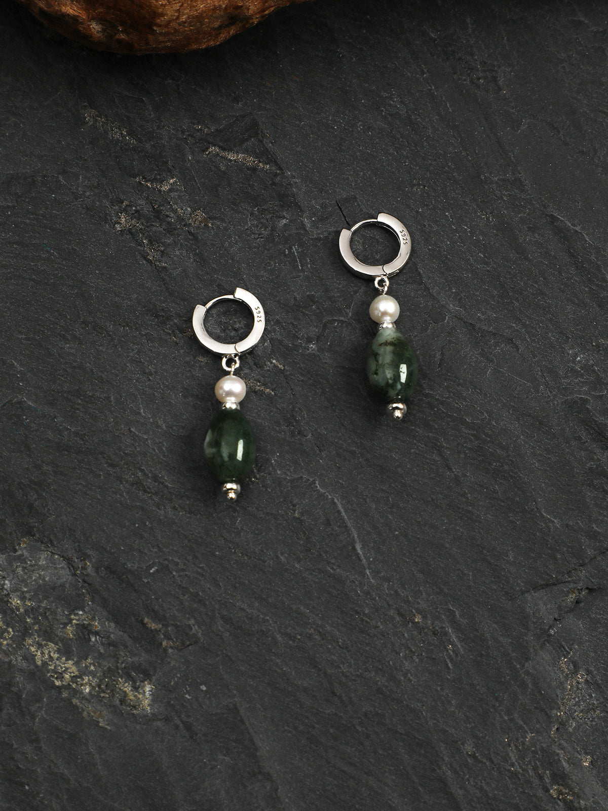 Green Phantom Quartz Pearl Earrings — water-grass rice pearl, short rice seed pearls, small silver geometric glossy sequins | SENLORE