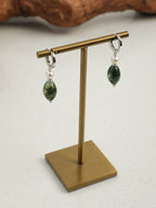 Green Phantom Quartz Pearl Earrings — water-grass rice pearl, short rice seed pearls, small silver geometric glossy sequins | SENLORE