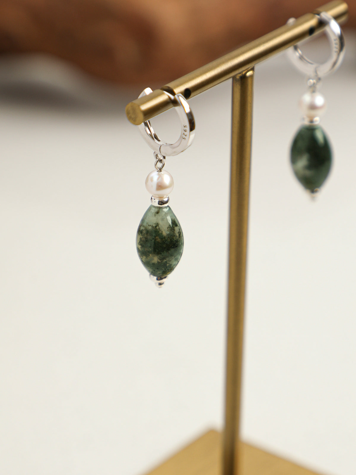 Green Phantom Quartz Pearl Earrings — water-grass rice pearl, short rice seed pearls, small silver geometric glossy sequins | SENLORE