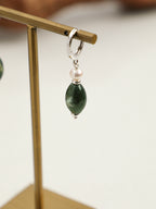 Green Phantom Quartz Pearl Earrings — water-grass rice pearl, short rice seed pearls, small silver geometric glossy sequins | SENLORE