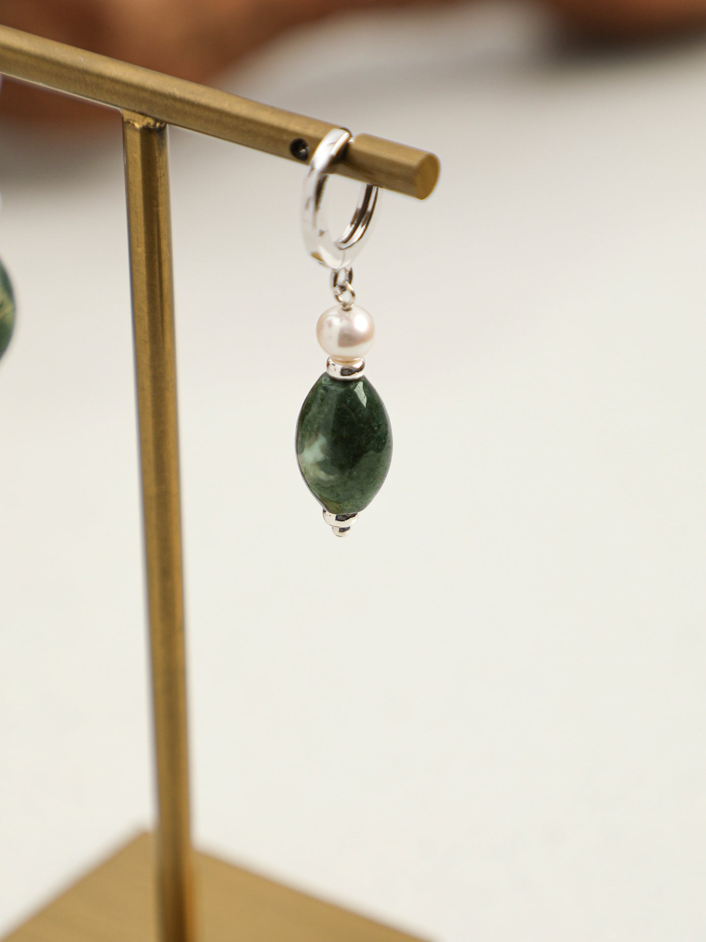 Green Phantom Quartz Pearl Earrings — water-grass rice pearl, short rice seed pearls, small silver geometric glossy sequins | SENLORE