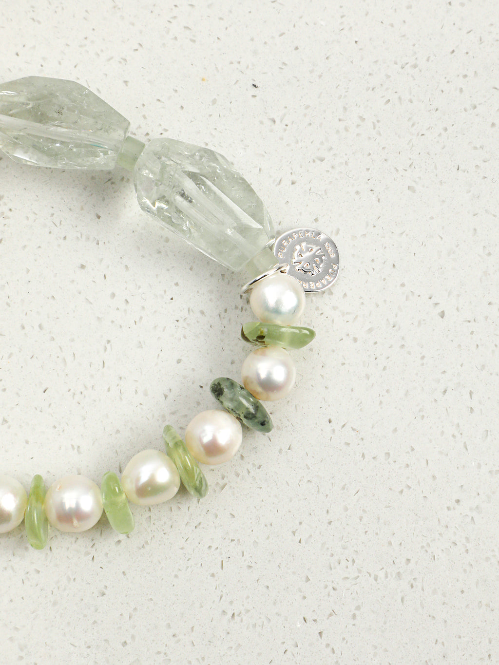 Green Spirit Crystal Bracelet — green quartz freeform nuggets, freshwater pearl... | SENLORE