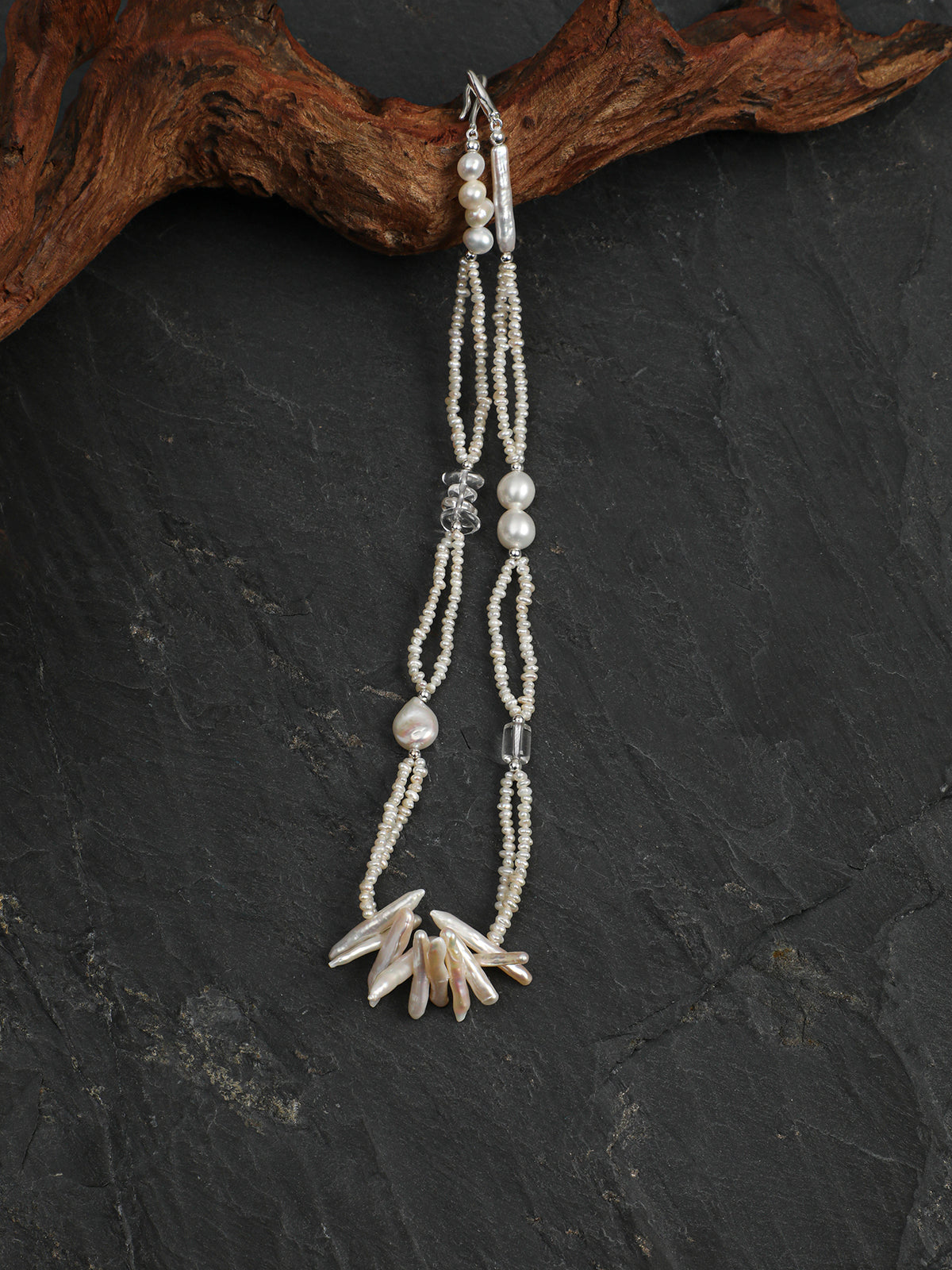SENLORE Silver Bar Pearl Crystal Necklace – Side View
