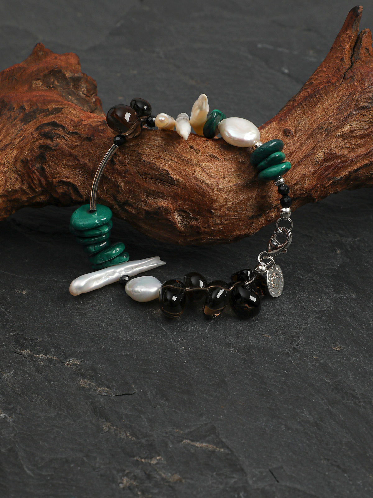 SENLORE Malachite Smoky Quartz Pearl Bracelet – Side View