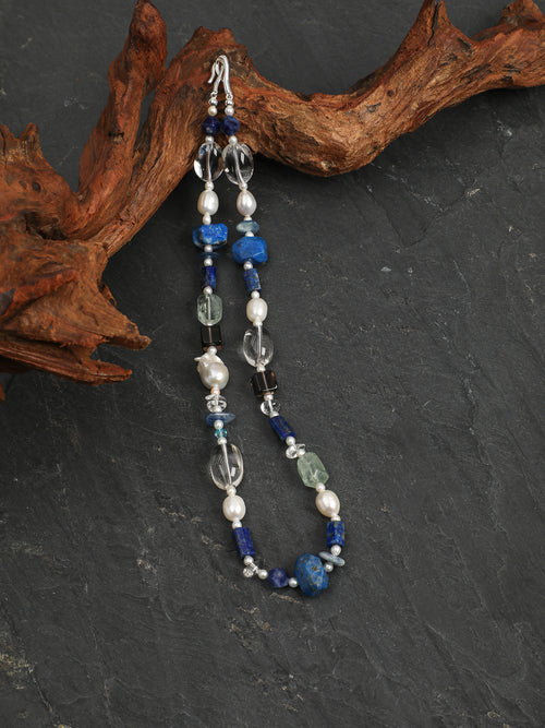 Blue Whisper Crystal Necklace — large freeform lapis lazuli & freeform green crystal & S925 Sterling Silver | SENLORE