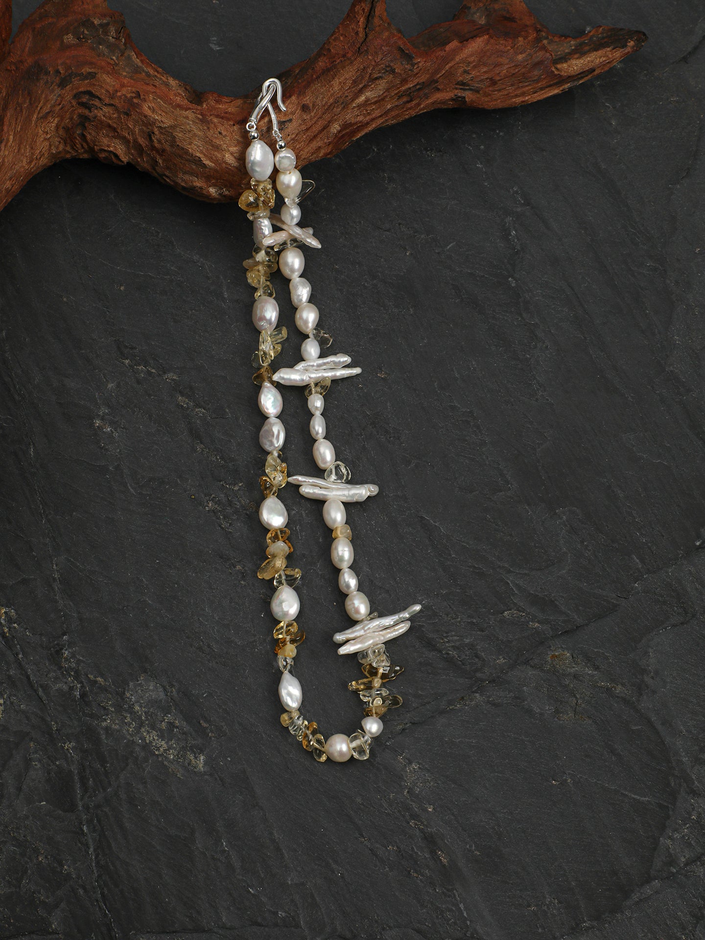 Starry Sky Baroque Crystal Waterfall Necklace — baroque teardrops, citrine chips, white seed pearls... | SENLORE