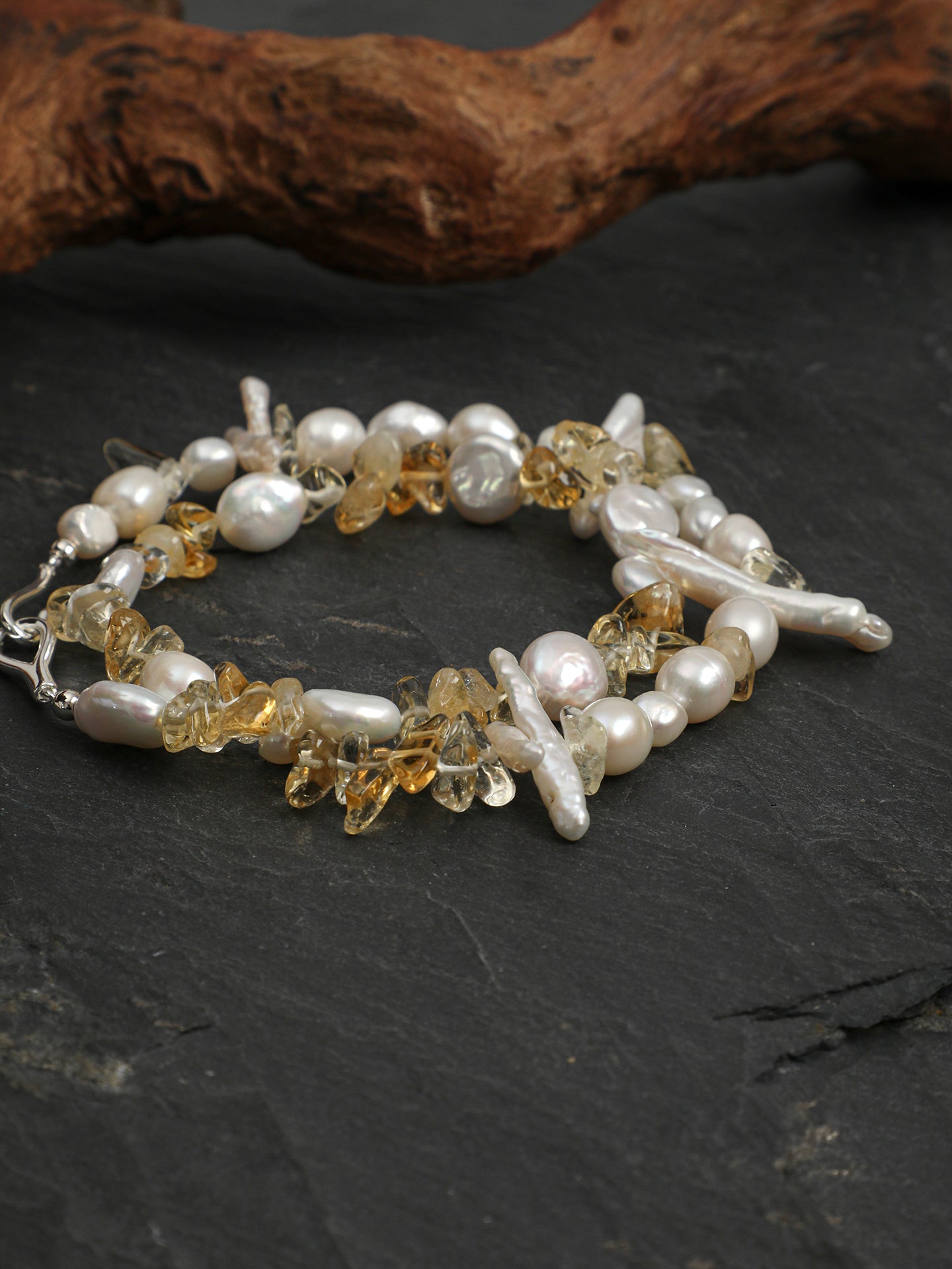 Starry Sky Baroque Crystal Waterfall Necklace — baroque teardrops, citrine chips, white seed pearls... | SENLORE