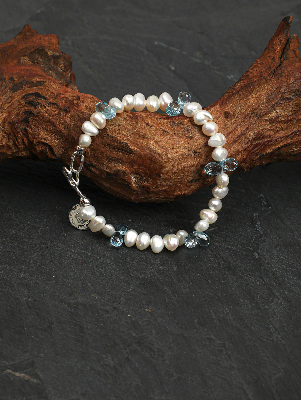 Blue Topaz Teardrop Pearl Bracelet — three-seven-hole double-sided baroque pearl, faceted blue topaz teardrop, large-hole sterling silver round bead | SENLORE