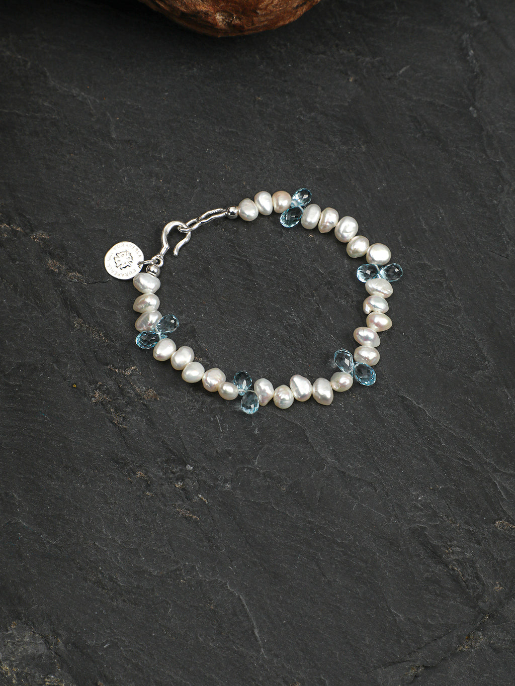 Blue Topaz Teardrop Pearl Bracelet — three-seven-hole double-sided baroque pearl, faceted blue topaz teardrop, large-hole sterling silver round bead | SENLORE
