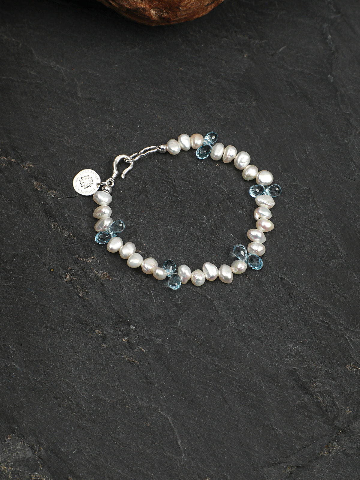 Blue Topaz Teardrop Pearl Bracelet — three-seven-hole double-sided baroque pearl, faceted blue topaz teardrop, large-hole sterling silver round bead | SENLORE