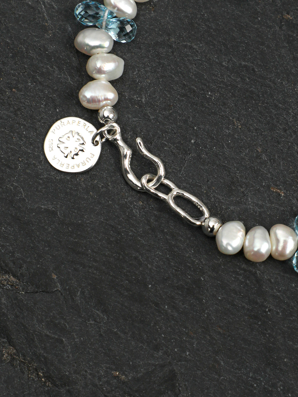 Blue Topaz Teardrop Pearl Bracelet — three-seven-hole double-sided baroque pearl, faceted blue topaz teardrop, large-hole sterling silver round bead | SENLORE