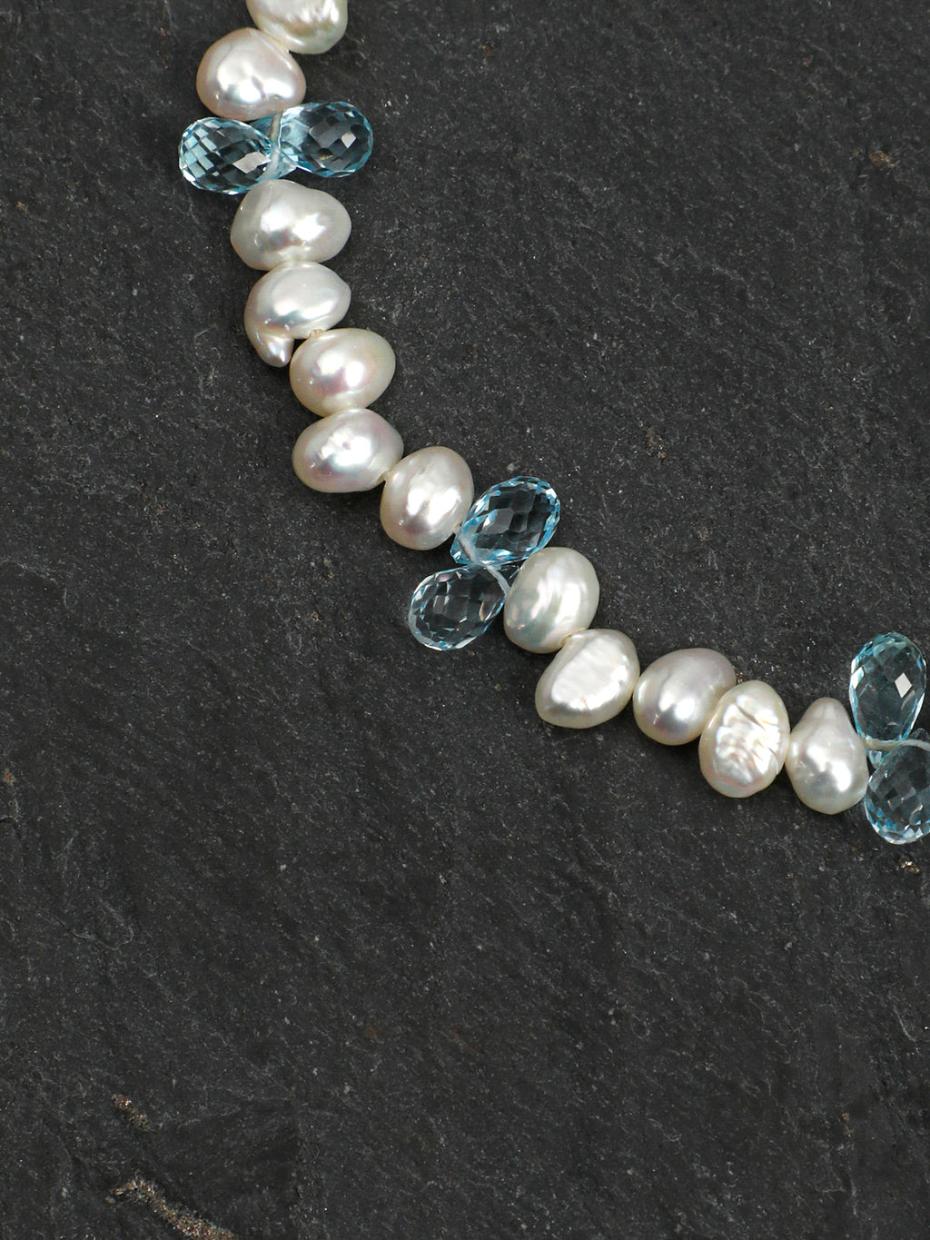 Blue Topaz Teardrop Pearl Bracelet — three-seven-hole double-sided baroque pearl, faceted blue topaz teardrop, large-hole sterling silver round bead | SENLORE