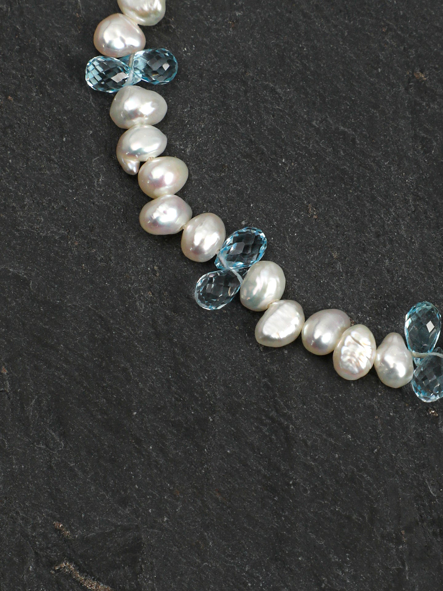 Blue Topaz Teardrop Pearl Bracelet — three-seven-hole double-sided baroque pearl, faceted blue topaz teardrop, large-hole sterling silver round bead | SENLORE