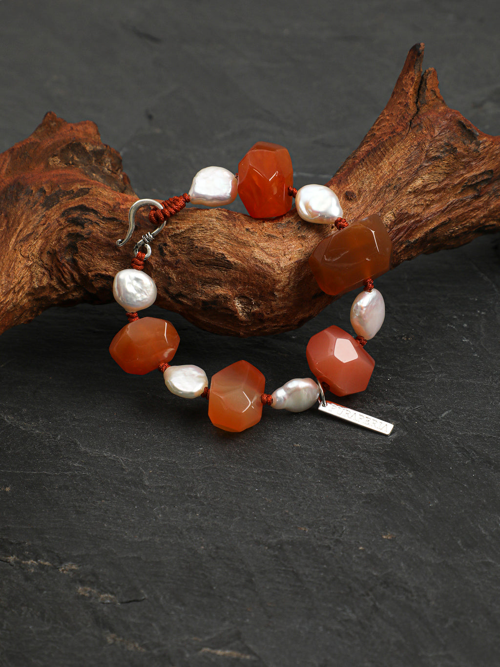 Red Persian Agate Baroque Bracelet — freeform red Persian agate, teardrop baroque pearl, Thai silver necklace hook | SENLORE