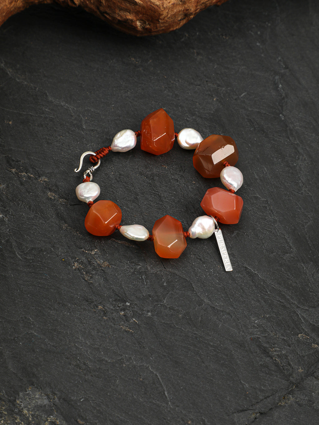 Red Persian Agate Baroque Bracelet — freeform red Persian agate, teardrop baroque pearl, Thai silver necklace hook | SENLORE