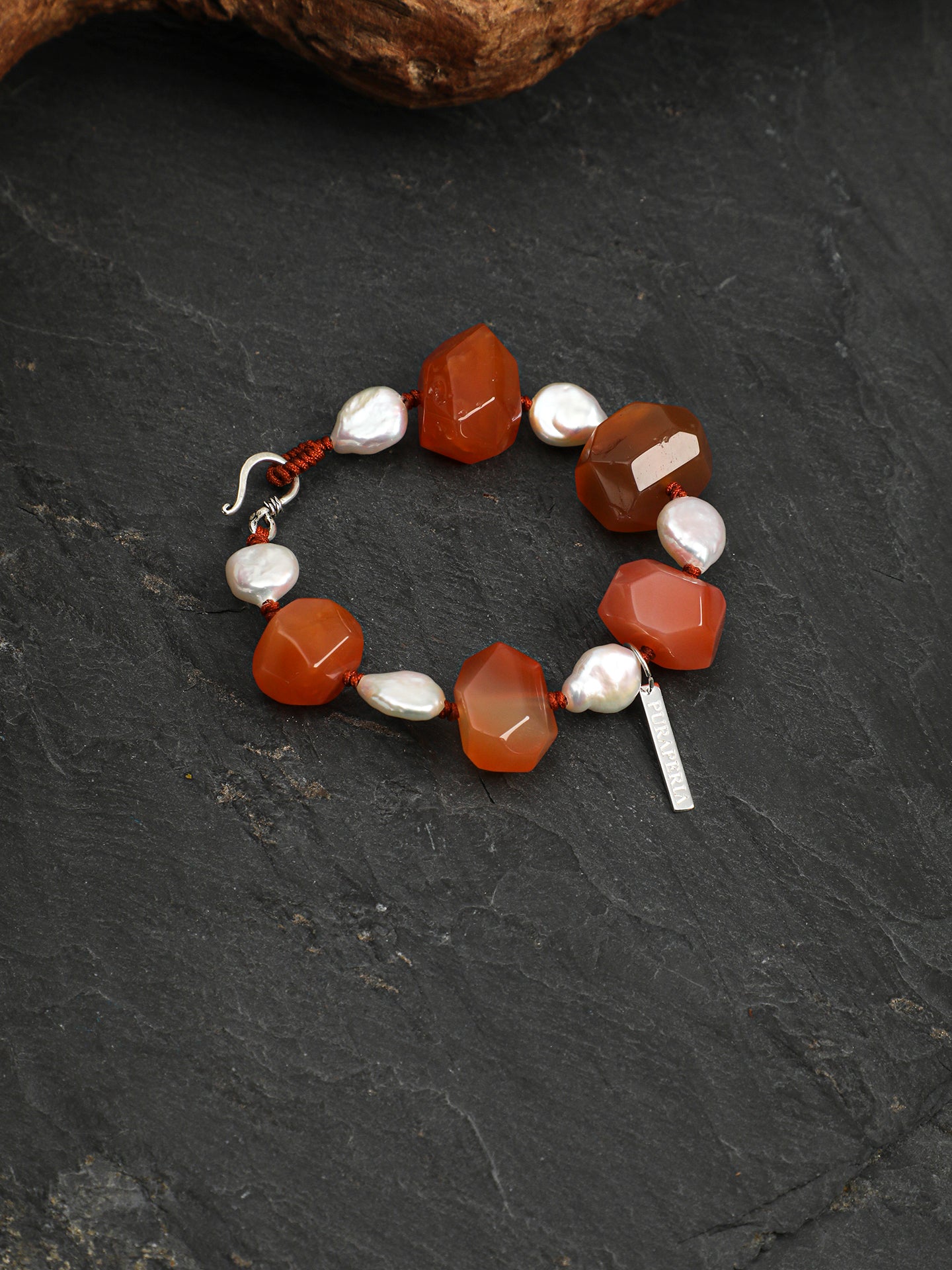 Red Persian Agate Baroque Bracelet — freeform red Persian agate, teardrop baroque pearl, Thai silver necklace hook | SENLORE